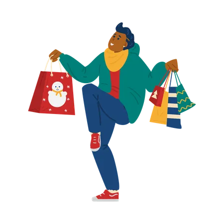 Comprador alegre haciendo compras para Navidad  Ilustración