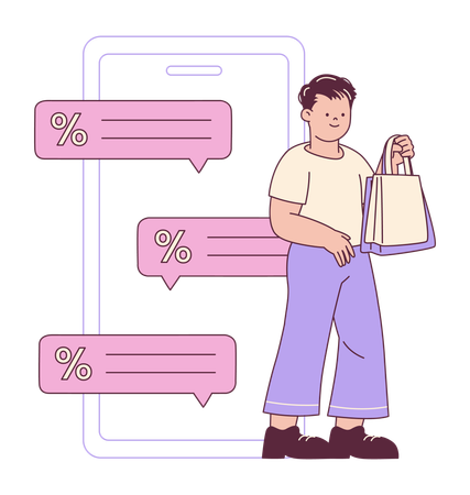 Comprador com notificações de aplicativo móvel  Ilustração