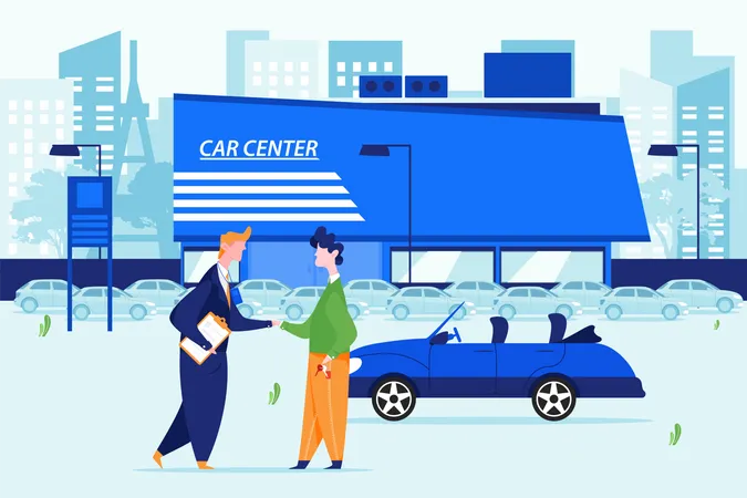 El comprador compró el automóvil en un centro de automóviles.  Ilustración