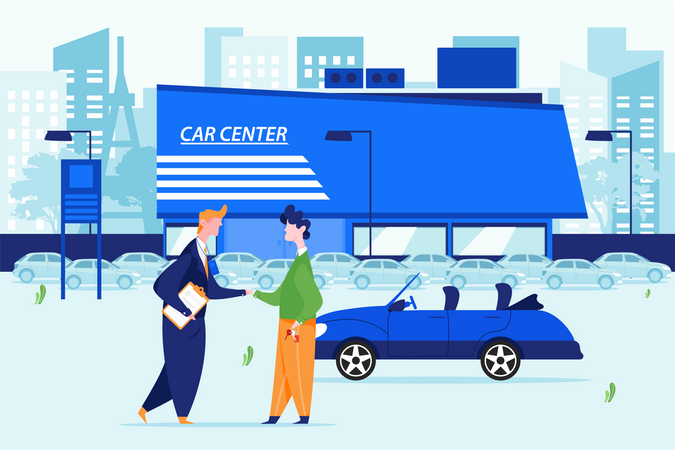 O comprador comprou o carro no centro de automóveis  Ilustração