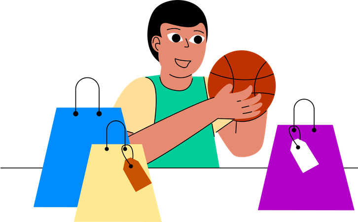 El comprador deportivo lleva una pelota de baloncesto junto con bolsas de compras,  Ilustración