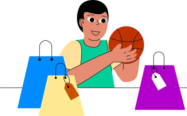 El comprador deportivo lleva una pelota de baloncesto junto con bolsas de compras,  Ilustración