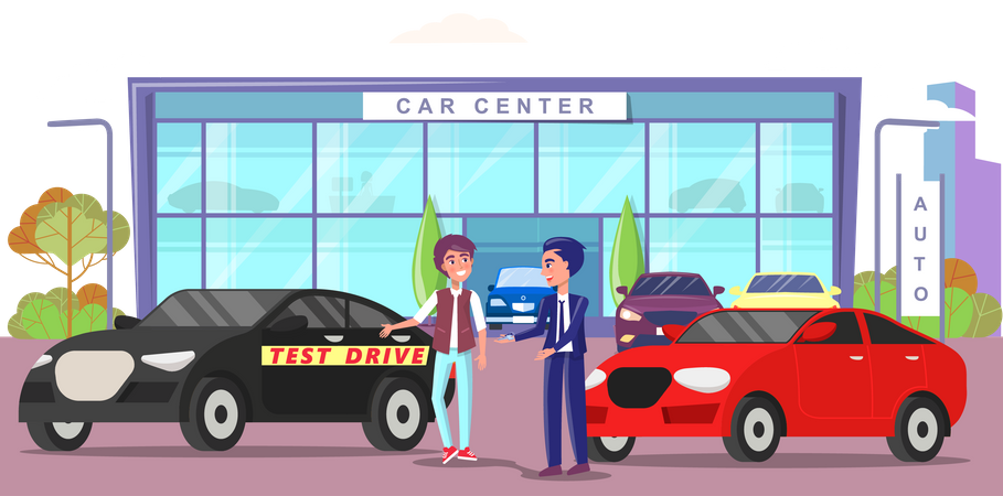 Comprador eligiendo automóvil en la tienda  Ilustración