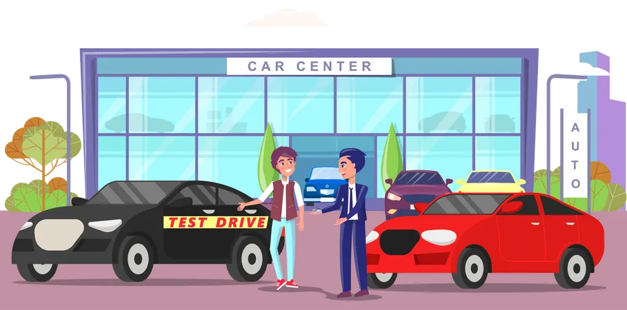Comprador escolhendo automóvel na loja  Ilustração