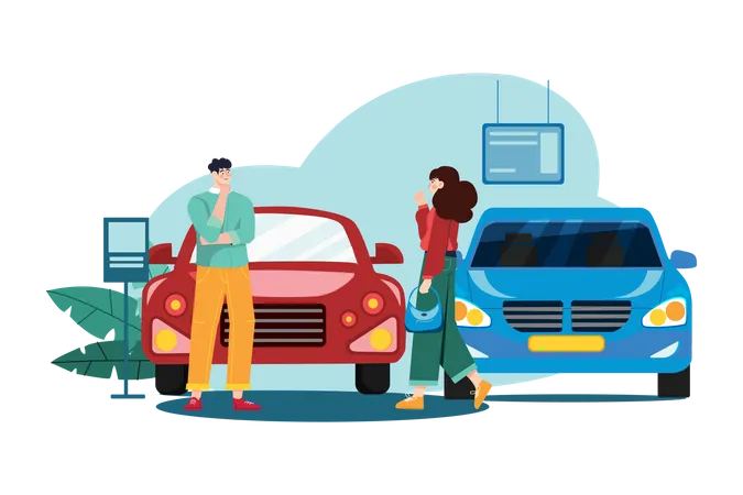Comprador escolhendo automóvel na loja  Ilustração