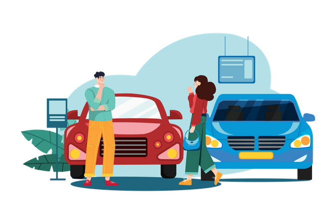 Comprador escolhendo automóvel na loja  Ilustração