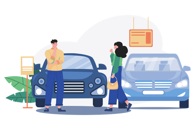 Comprador escolhendo automóvel na loja  Ilustração