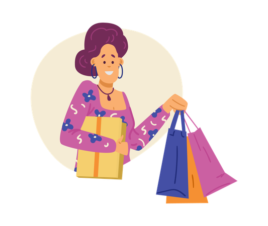 Comprador feliz con bolsas de compras en las manos  Ilustración