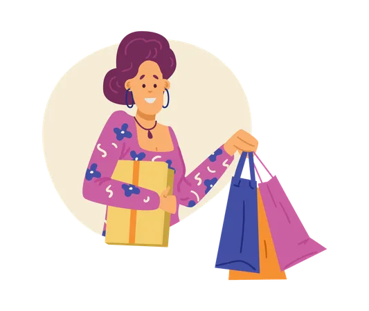 Comprador feliz con bolsas de compras en las manos  Ilustración