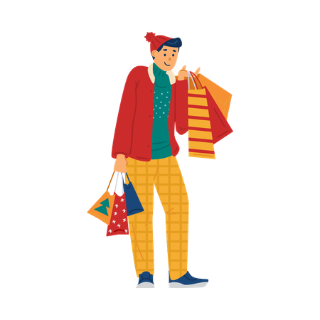 Un comprador masculino disfruta de las grandes rebajas y descuentos navideños en las tiendas  Ilustración