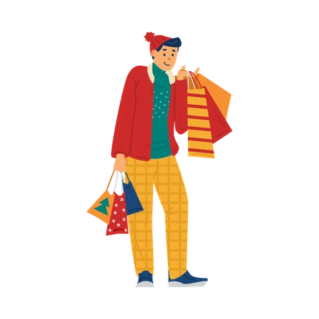 Un comprador masculino disfruta de las grandes rebajas y descuentos navideños en las tiendas  Ilustración