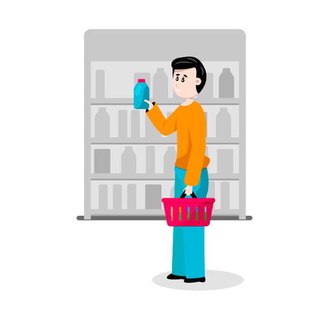 El comprador masculino elige productos en la tienda del supermercado  Ilustración