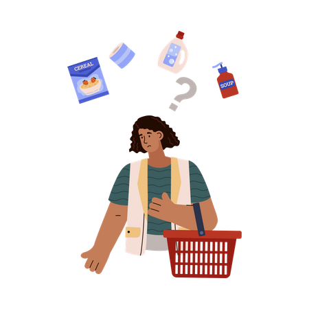 Comprador na mercearia chateado com os preços dos alimentos  Ilustração