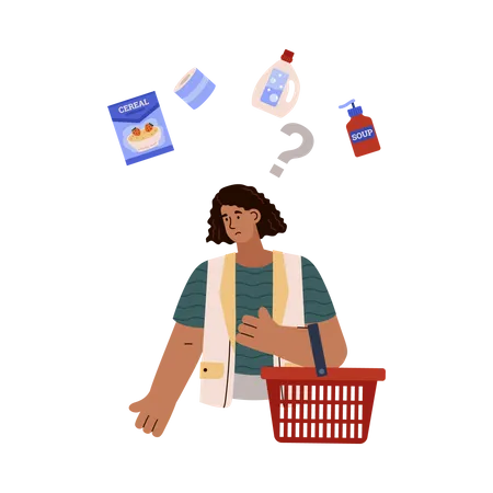Comprador na mercearia chateado com os preços dos alimentos  Ilustração