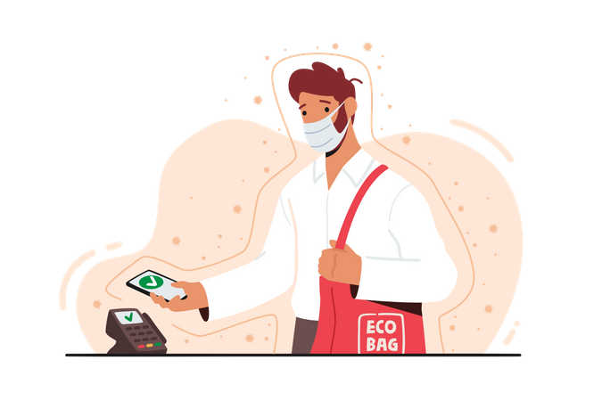 Comprador usa terminal POS para pagamento sem dinheiro durante a pandemia de coronavírus  Ilustração