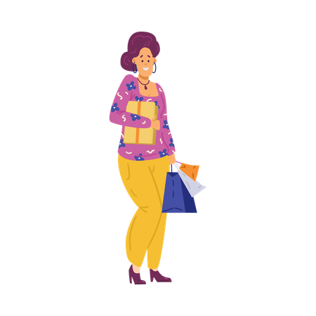 Comprador alegre mujer sonriente con compras  Ilustración