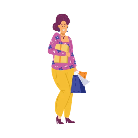 Comprador alegre mujer sonriente con compras  Ilustración