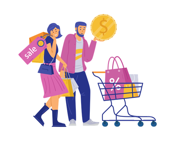 Compradores felices con sus compras  Ilustración