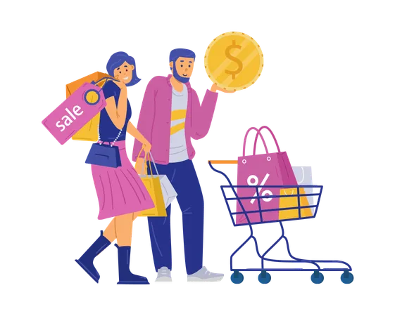 Compradores felices con sus compras  Ilustración