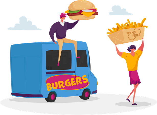 Comprar comida chatarra en un camión de comida callejera  Ilustración