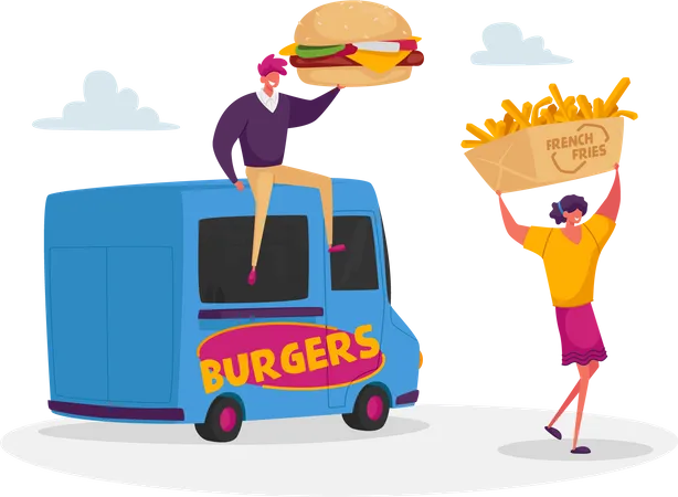Comprando junk food em um caminhão de comida de rua  Ilustração
