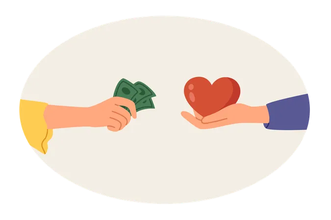 Comprar amor y relaciones con dinero con manos de personas con corazones y dinero en efectivo.  Ilustración