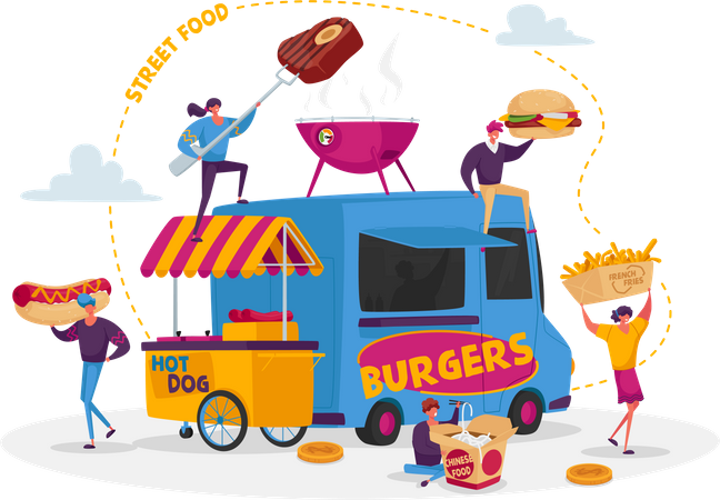 Comprar comida em barracas de comida de rua  Ilustração
