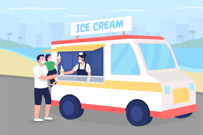 Comprar helado en la playa durante la pandemia  Ilustración