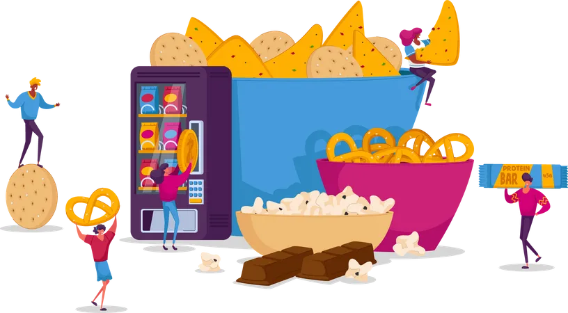 Comprar y comer snacks en una máquina expendedora.  Ilustración