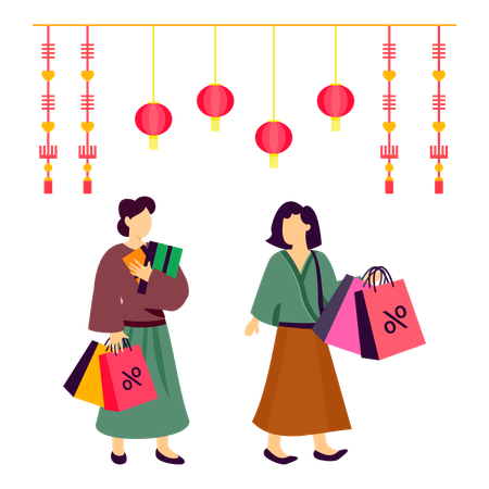 Senhoras chinesas fazendo compras no ano novo  Ilustração