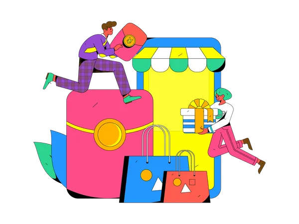 Menino e menina fazendo compras on-line  Ilustração