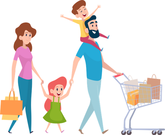 Família fazendo compras juntos  Ilustração