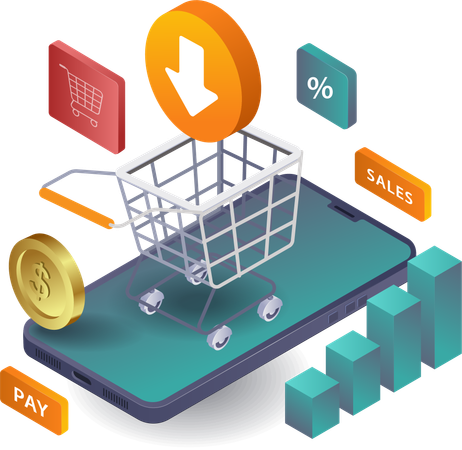 Negocio de compras en línea que aprovecha la tecnología de teléfonos inteligentes  Ilustración