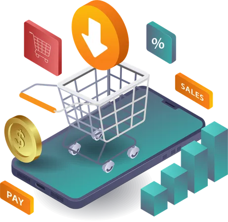 Negocio de compras en línea que aprovecha la tecnología de teléfonos inteligentes  Ilustración