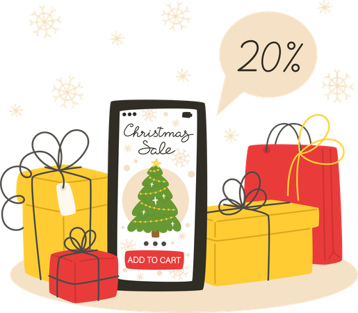 Compras navideñas en línea usando un teléfono inteligente  Ilustración