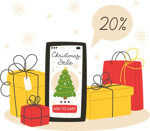 Compras navideñas en línea usando un teléfono inteligente  Ilustración