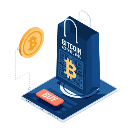 Sacola De Compras Isometrica 3 D Plana Na Loja Online Aceita Pagamento Bitcoin Conceito De Pagamento Bitcoin E Criptomoeda Ilustração