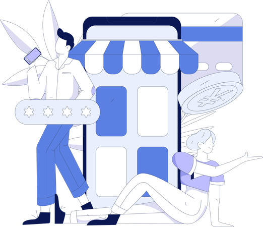 Menino e menina fazendo compras on-line  Ilustração