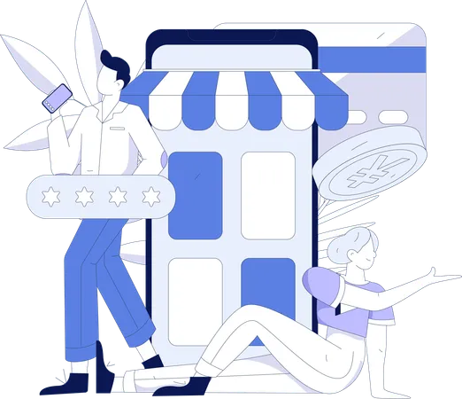 Menino e menina fazendo compras on-line  Ilustração