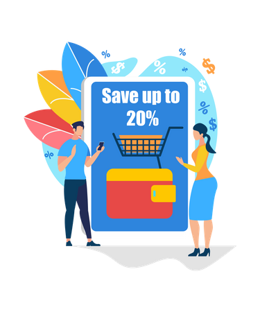 Venda de compras online com economia de até 20%  Ilustração