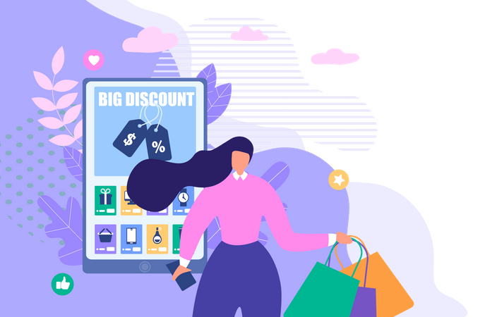 Compras en línea y descuentos.  Ilustración