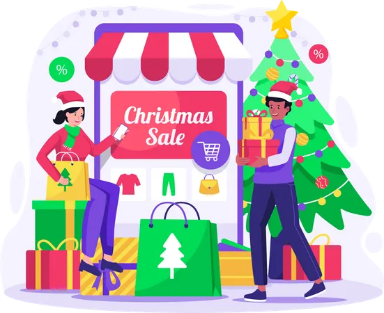 Compras en línea y rebajas navideñas  Ilustración