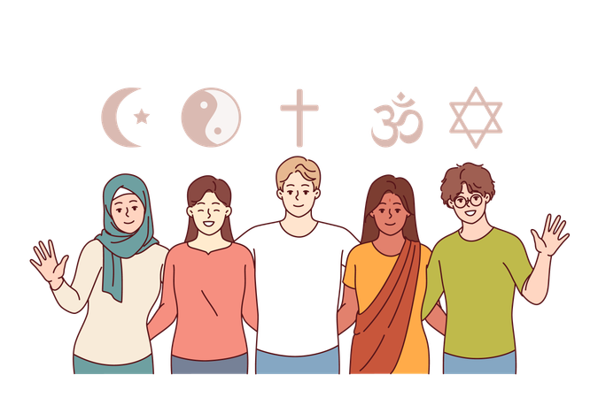 Compreensão inter-religiosa de pessoas que pregam o islamismo, o cristianismo, o budismo e o judaísmo  Ilustração