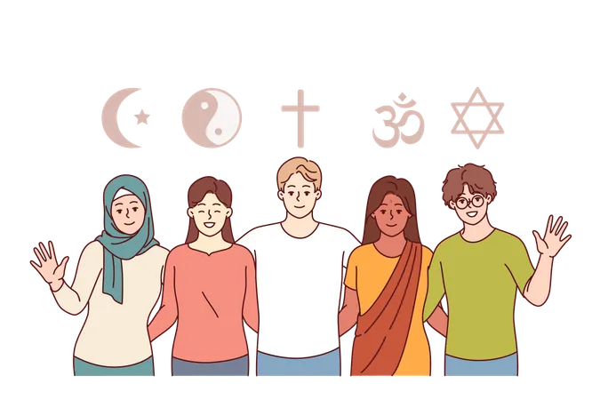 Compreensão inter-religiosa de pessoas que pregam o islamismo, o cristianismo, o budismo e o judaísmo  Ilustração