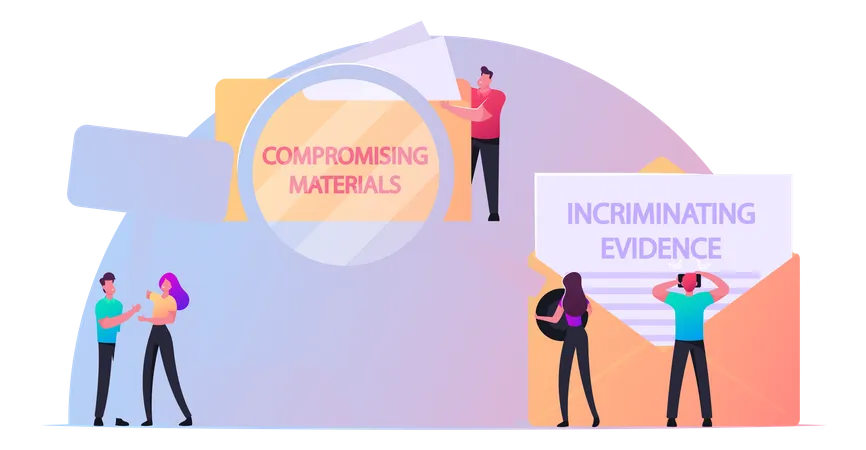 Compromising Material Concept Tiny Male And Female Characters With Magnifying Glass And Wooden Gavel At Huge Envelope With Incriminating Evidence Information Cartoon People Vector Illustration Illustration