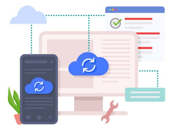 Serviço on-line de upload e download de dados de computação em nuvem com celular e computador  Ilustração