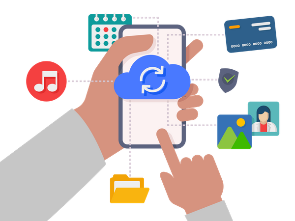 Serviço online de upload e download de dados de computação em nuvem com telefone celular  Ilustração