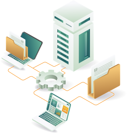 Computadora conectada al servidor para compartir datos  Ilustración