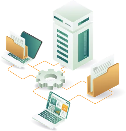 Computadora conectada al servidor para compartir datos  Ilustración