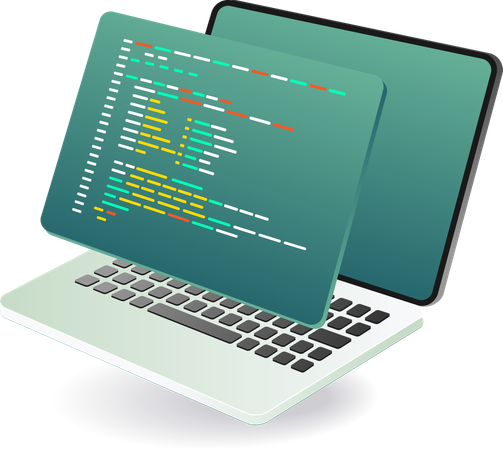 Computadora portátil con pantalla verde que muestra el código de programación  Ilustración